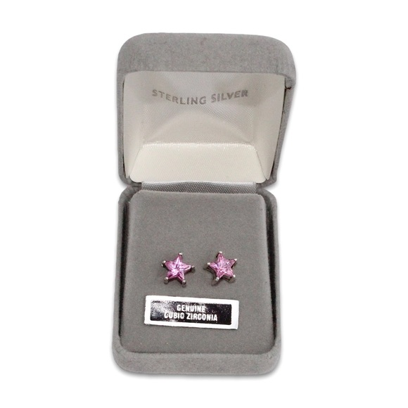 Pink Cubic Zirconia Sterling Silver Star Stud Earrings New Old Stock Box Estate - Picture 2 of 5